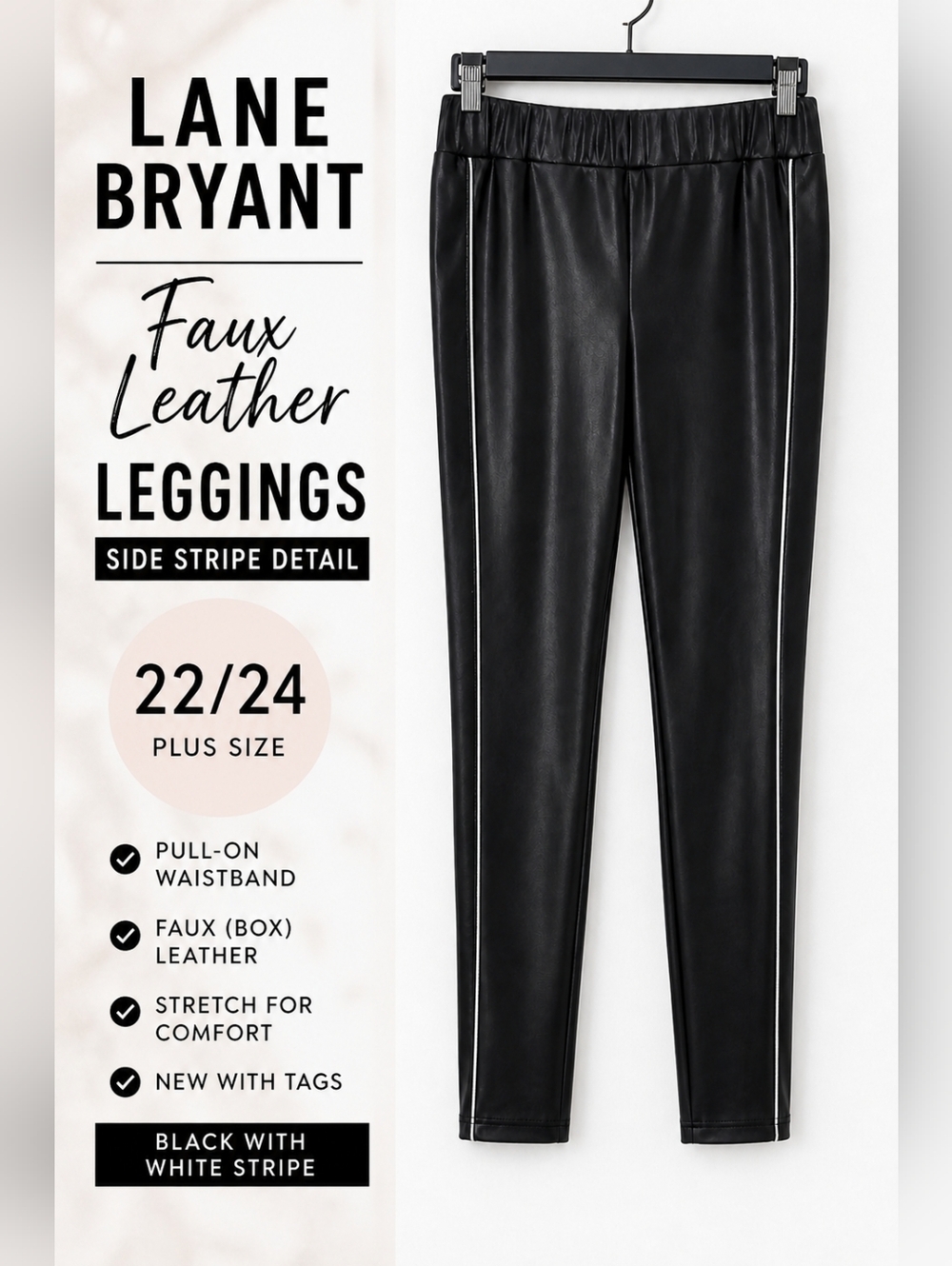 Lane Bryant Faux Leather Leggings Black Side Stripe Plus Size Pants 22